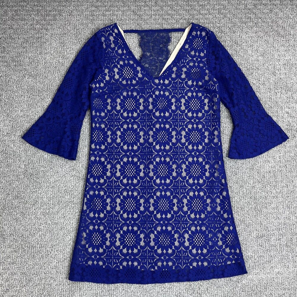 Skies Are Blue Dress Womens Small Blue Lace Bell Sleeve Shift Boho Floral